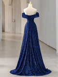 Off Shoulder Sequin Blue Long prom Dress, Blue Sequin Long Evening Dress HZ1024