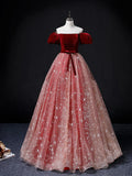 Burgundy/Pink Tulle Long Prom Dress, Burgundy/Pink Sweet 16 Dress HZ1024