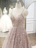 V Neck Lace Tulle Long Prom Dress, Pink Tulle Formal Dresses HZ1024