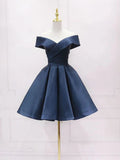blue off shoulder satin short prom dress blue bridesmaid dress HZ1024