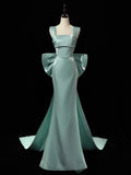 Satin Green Long Prom Dress, Green Long Formal Dress with bow tie HZ1024