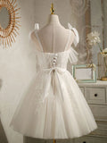 sweetheart neck tulle lace short prom dress, white tulle formal dress HZ1024