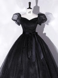 A-Line Tulle Long Prom Dresses, Black Formal Sweet 16 Dress HZ1024