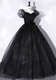 A-Line Tulle Long Prom Dresses, Black Formal Sweet 16 Dress HZ1024
