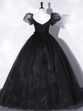 A-Line Tulle Long Prom Dresses, Black Formal Sweet 16 Dress HZ1024