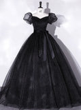 A-Line Tulle Long Prom Dresses, Black Formal Sweet 16 Dress HZ1024