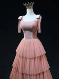 Line Pink Tulle Long Prom Dresses, Pink Formal Graduation Dresses HZ1024