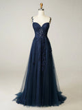 Elegant Sweetheart Neck Tulle Lace Dark Blue Long Prom Dress, Dark Blue Long Evening Dress HZ1024