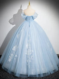 Off Shoulder Tulle Sequin Blue Long Prom Dress, Blue Sweet 16 Dress HZ1024