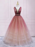 v neck burgundy tulle long prom dress, tulle formal dress HZ1024