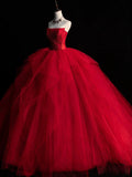 tulle beads long prom dress, burgundy tulle wedding dress HZ1024