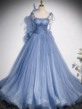 tulle long prom dress, blue tulle formal dress HZ1024