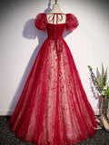 line burgundy tulle sequin long prom dress, burgundy formal dress HZ1024