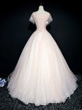 round neck tulle lace long prom dress, pink sweet 16 dress HZ1024