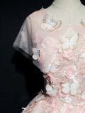 round neck tulle lace long prom dress, pink sweet 16 dress HZ1024