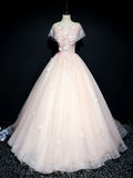 round neck tulle lace long prom dress, pink sweet 16 dress HZ1024