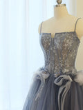 Blue A line lace tulle long prom dress, gray formal evening dress HZ1024