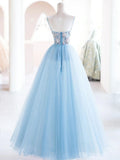 Blue tulle beads long prom dress, blue tulle long evening dress HZ1024