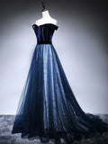 Blue Tulle Velvet Long Prom Dress, Blue Evening Dress HZ1024