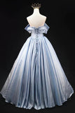 Blue Satin Long Prom Dress, Elegant Off the Shoulder Evening Party Dress HZ1024