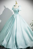 Satin Long Prom Dress, Beautiful Blue Short Sleeve Evening Party Dress HZ1024