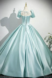 Satin Long Prom Dress, Beautiful Blue Short Sleeve Evening Party Dress HZ1024