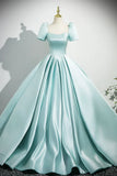 Satin Long Prom Dress, Beautiful Blue Short Sleeve Evening Party Dress HZ1024