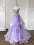 V Neck Tulle Sequin Blue Long Prom Dress, Blue Long Evening Dress HZ1024