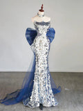 Tulle Sequin Silver Long Prom Dress, Strapless Long Party Dress HZ1024