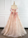 Tulle Applique Light Champagne Long Prom Dress, Light Champagne Formal Dress HZ1024