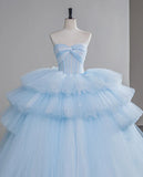 Sweetheart Neck Ball Gown Tiered Tulle Long Prom Dresses, Blue Sweet 16 Dress HZ1024