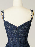 Elegant Sweetheart Neck Tulle Lace Dark Blue Long Prom Dress, Dark Blue Long Evening Dress HZ1024